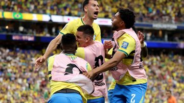 HOUSTON, TEXAS - JUNE 29: Gabriel Martinelli #22 of Brazil celebrates with teammates after scoring the team's second goal during the FIFA World Cup 2026 Round Of 32 match between Brazil and Japan at Houston Stadium on June 29, 2026 in Houston, Texas. (Photo by Michael Regan - FIFA/FIFA via Getty Images)