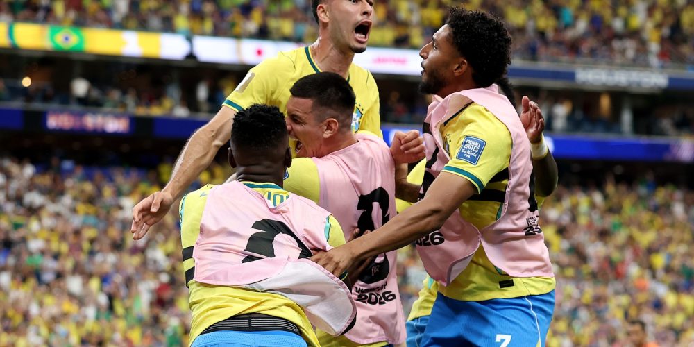 HOUSTON, TEXAS - JUNE 29: Gabriel Martinelli #22 of Brazil celebrates with teammates after scoring the team's second goal during the FIFA World Cup 2026 Round Of 32 match between Brazil and Japan at Houston Stadium on June 29, 2026 in Houston, Texas. (Photo by Michael Regan - FIFA/FIFA via Getty Images)
